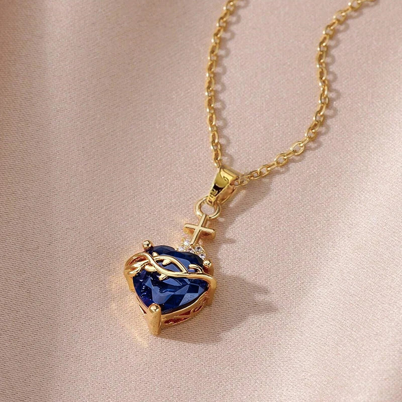 Huitan Orange Red/Green/Blue Heart Cubic Zirconia Pendant Necklace for Women Luxury Trendy-losil