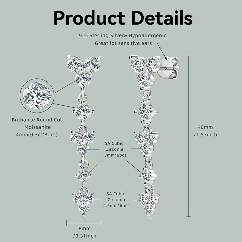 Real 925 Silver 4mm D Color Moissanite Long Drop Earrings Piercing Studs-losil