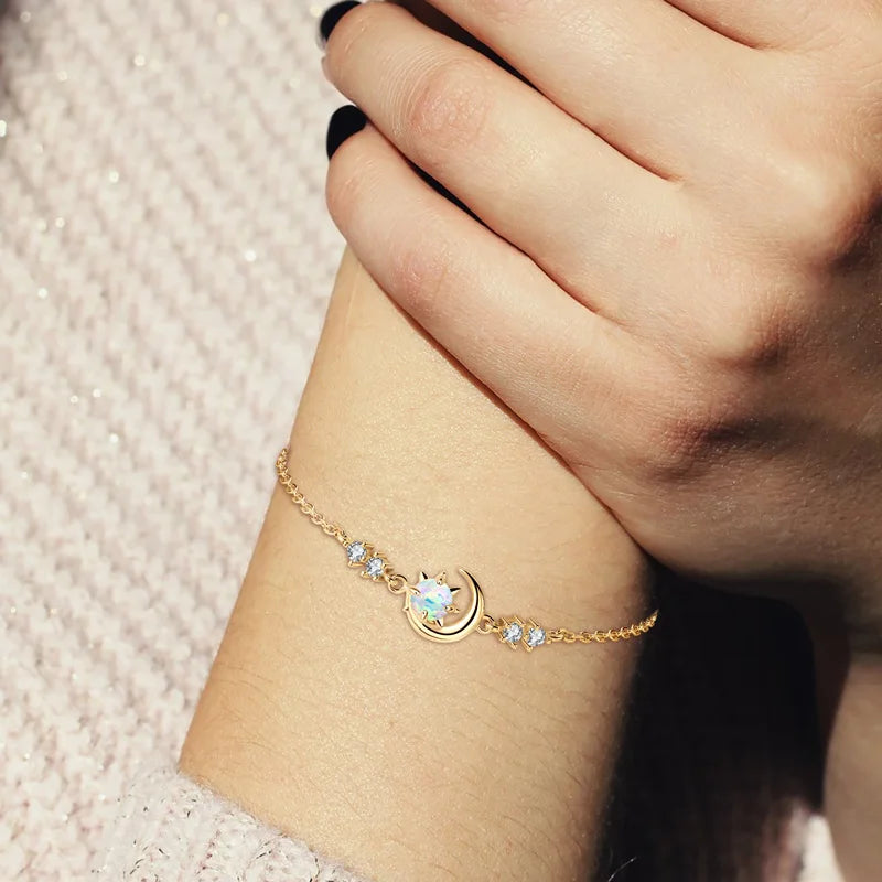 Anziw Fashion White Opal Sun and Moon Bracelet Real 925 Silver Chain-losil