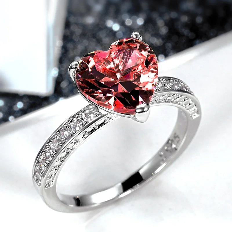 Huitan Luxury Solitaire Women Heart Engagement Rings AAA Pink Cubic Zirconia Proposal-losil