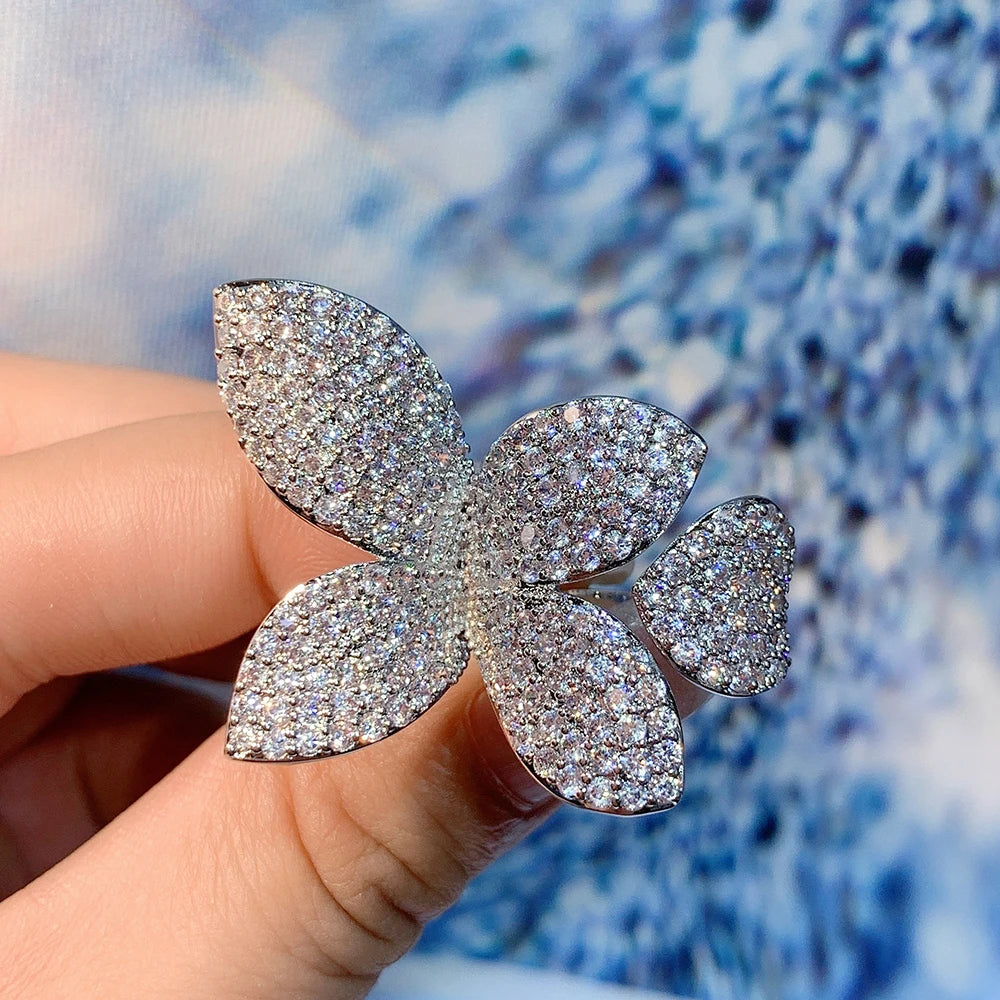 Huitan Gorgeous Leaf/Flower Design Adjustable Opening Rings for Women Paved Bling Cubic-losil