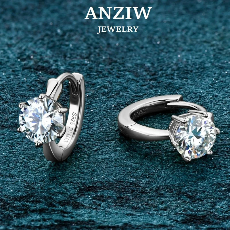 Anziw Solitaire 6.5mm 1.0ct Moissanite Hoop Earrings for Women Real 925 Sterling-losil