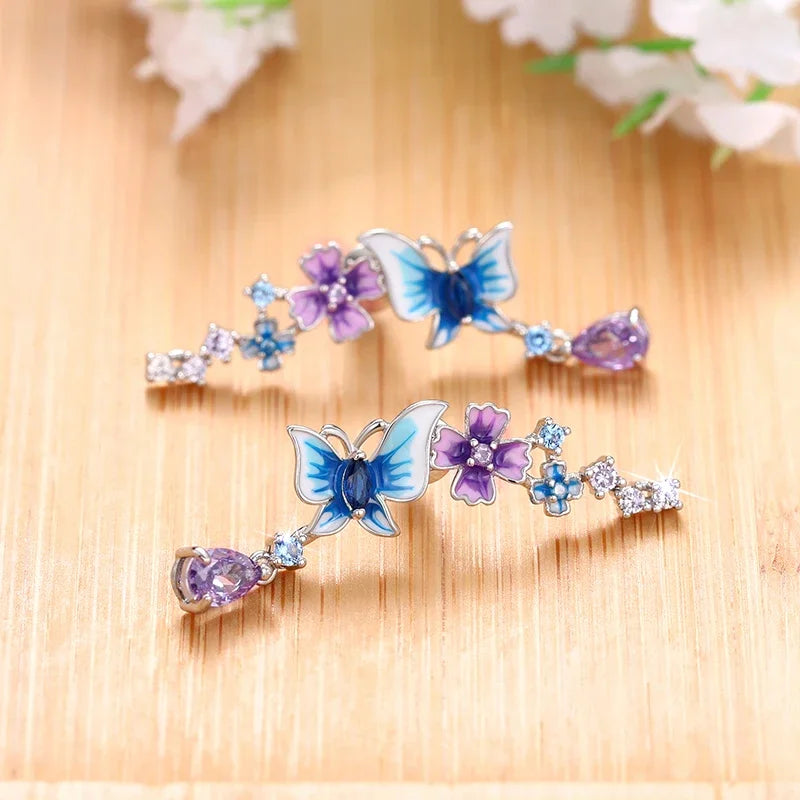 Huitan Gorgeous Butterfly Flower Drop Earrings for Women Aesthetic Trendy Colorful Accessories-losil