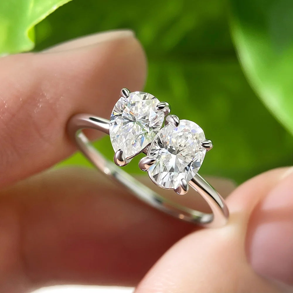 OEVAS 2 Stones Pear/Oval Cut 2ct Moissanite Rings S925 Silver Toi et-losil