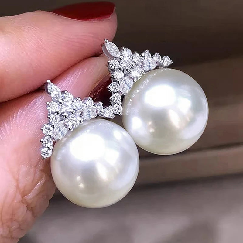 Huitan Luxury Imitation Pearl Drop Earrings Lady Engagement Accessories with Shiny Zirconia-losil