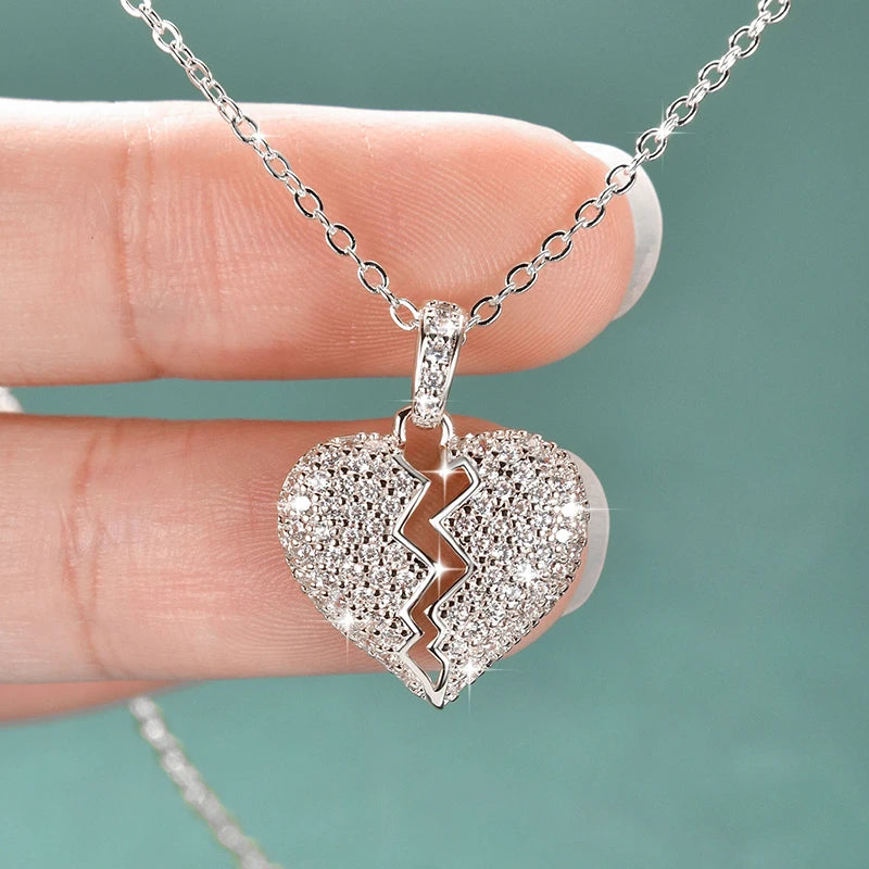 Anziw Cubic Zirconia Broken Heart Pendant Necklace Cracked Heart Iced Out Pendant-losil