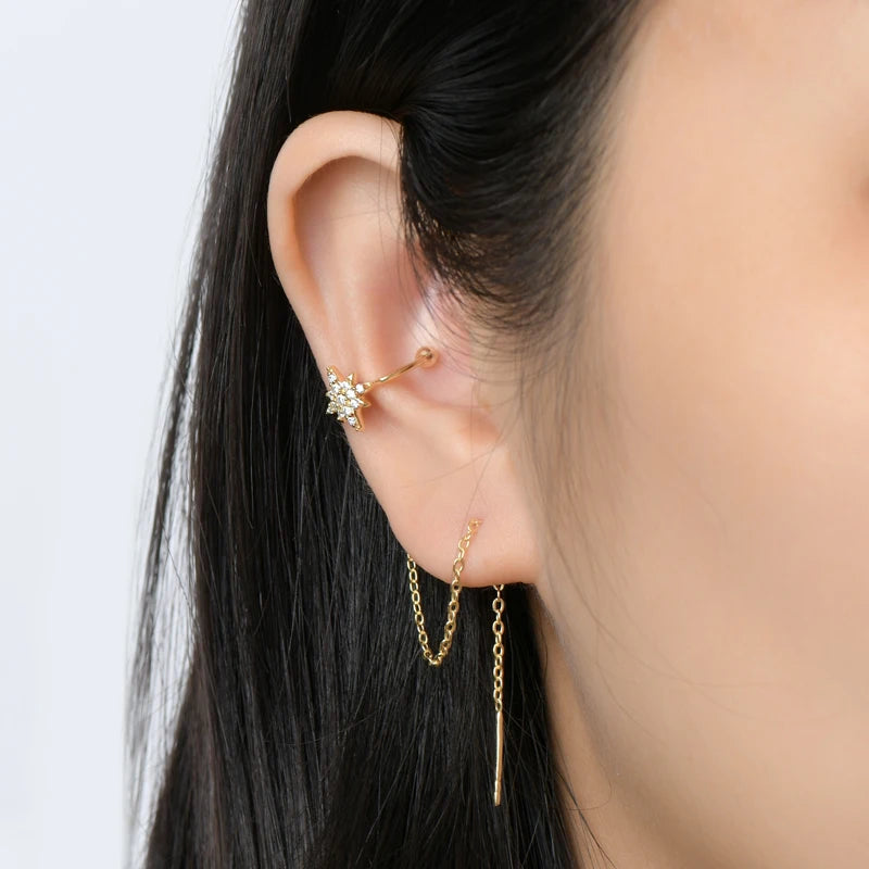Anziw Moissanite Star Ear Line Cuff Crawler Climber Earrings for Women 925-losil