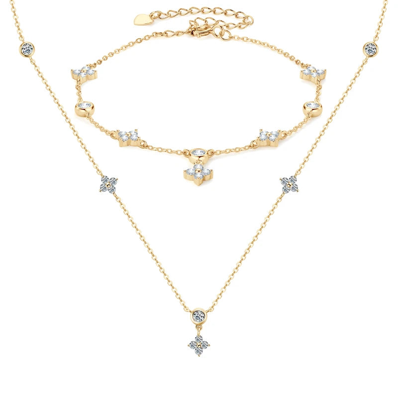 925 Silver Clover Flower Jewelry Sets for Women Moissanite Pendant Necklace Earrings-losil