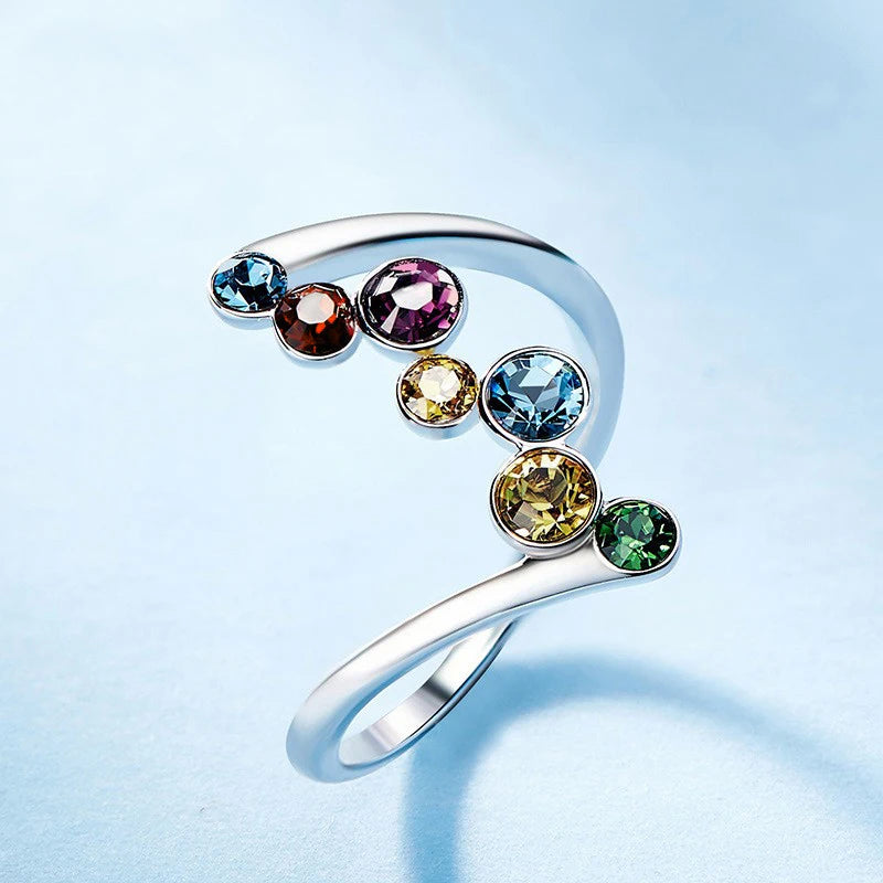 Huitan Fancy Colorful CZ Finger Ring for Girls Metal Silver Color Exquisite-losil