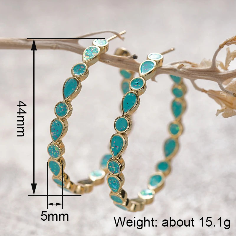 Huitan Boho Pear Blue Enamel Hoop Earrings for Women Gold Plated Fancy-losil