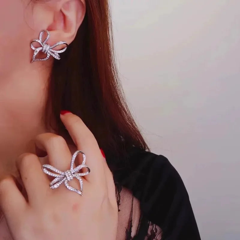 Huitan Big Bow Stud Earrings Modern Fashion Sparkling Earrings for Women Crystal-losil