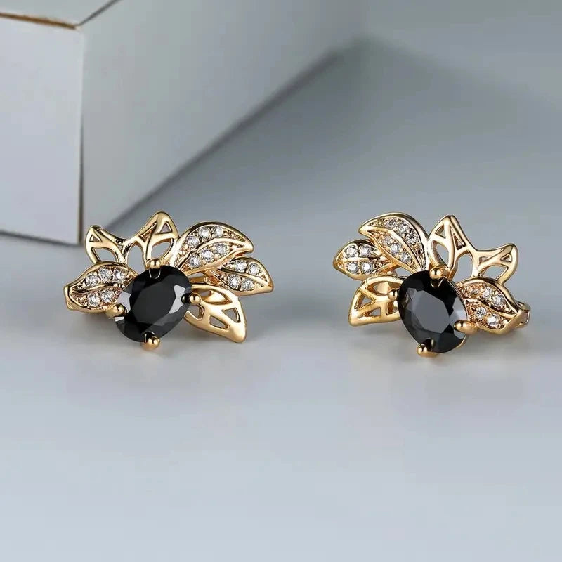 Huitan Oval Black Stone Flower Shaped Hoop Earrings for Women Luxury Wedding-losil