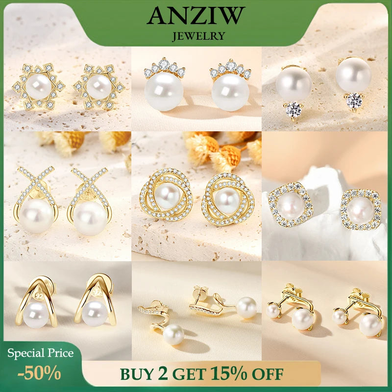 Anziw Natural Freshwater Pearl Stud Earrings for Women Real 925 Silver Elegant-losil