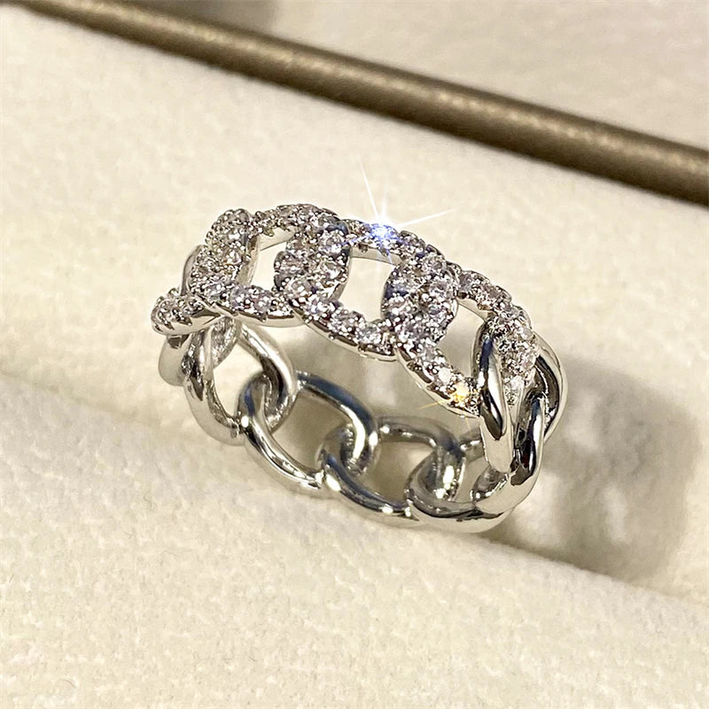 Huitan Chain Linked Design Finger Rings for Women Full with Dazzling Cubic-losil