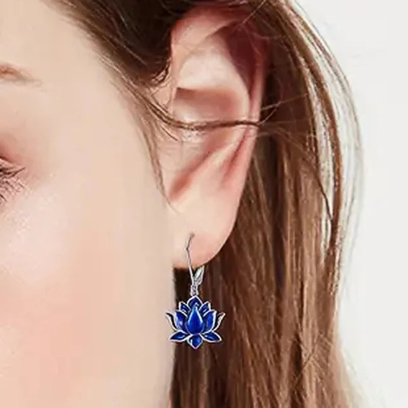 Huitan Chic Blue Lotus Pendant Earrings for Women Fashion Personality Accessories for-losil
