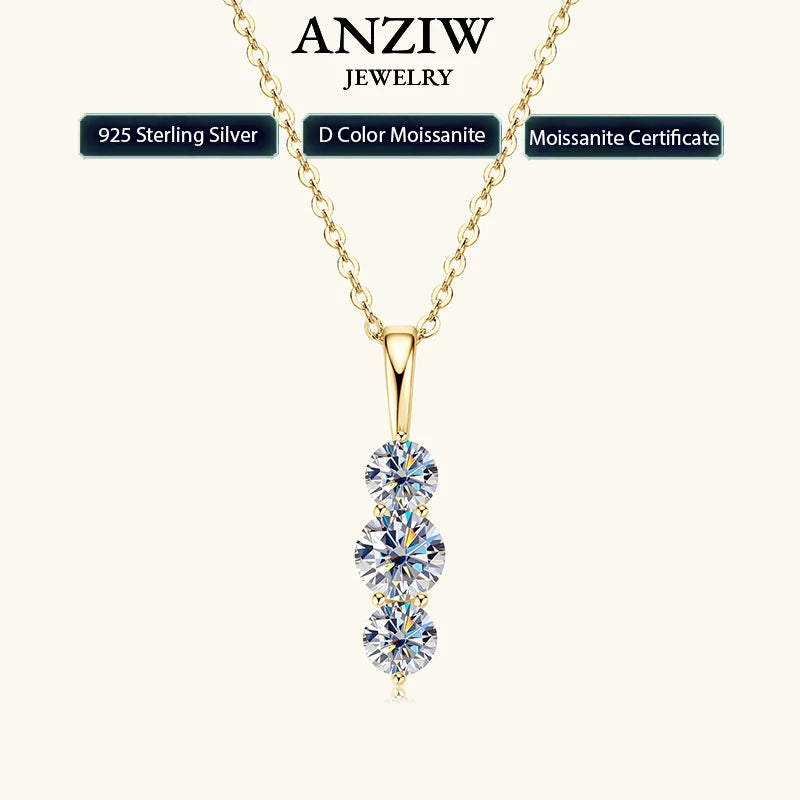 Anziw 1.1ctw. D Moissanite Pendant Necklace for Women 925 Silver Three-Stone Vertical-losil