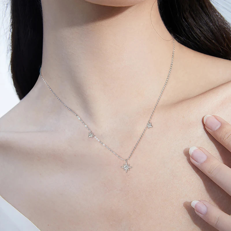 Anziw 100% 925 Silver Guide Star Pendant Necklace Certified 3mm&2mm Moissanite Charm-losil
