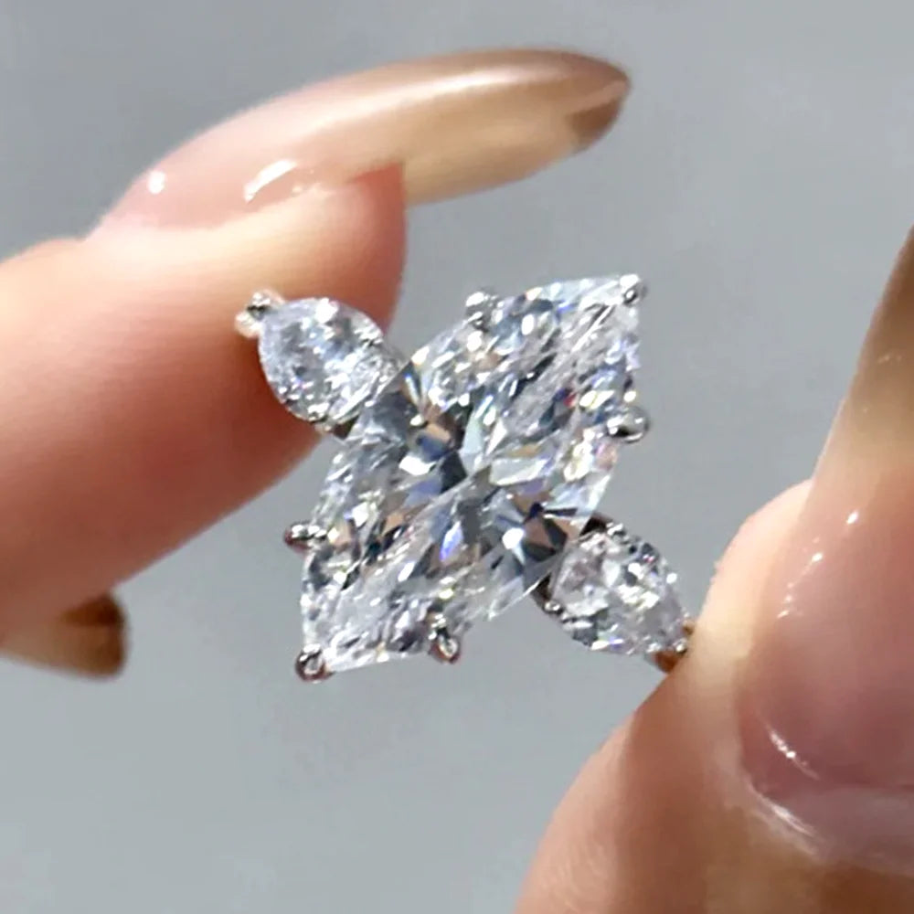 OEVAS 3CT 7*14mm Marquise Cut Zircon Ring For Women 100% S925 Silver-losil