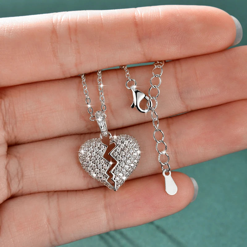 Anziw Cubic Zirconia Broken Heart Pendant Necklace Cracked Heart Iced Out Pendant-losil
