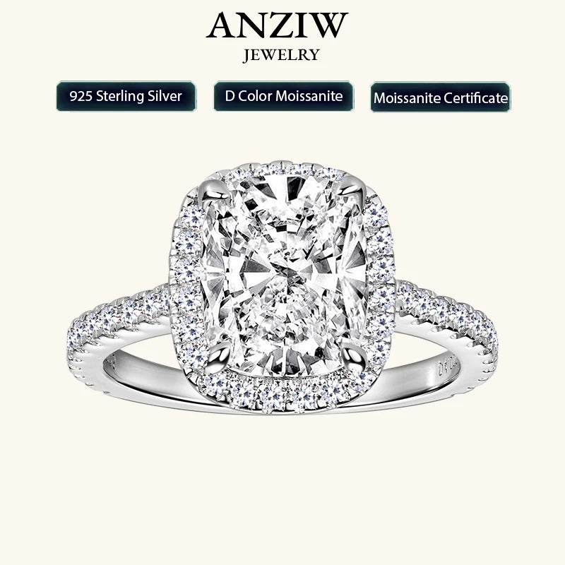 Anziw Original 4.0 Carat Cushion Cut Moissanite Wedding Ring 925 Sterling Sliver-losil
