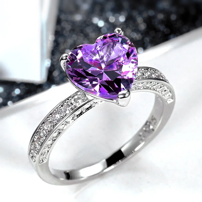 Huitan Luxury Solitaire Women Heart Engagement Rings AAA Pink Cubic Zirconia Proposal-losil