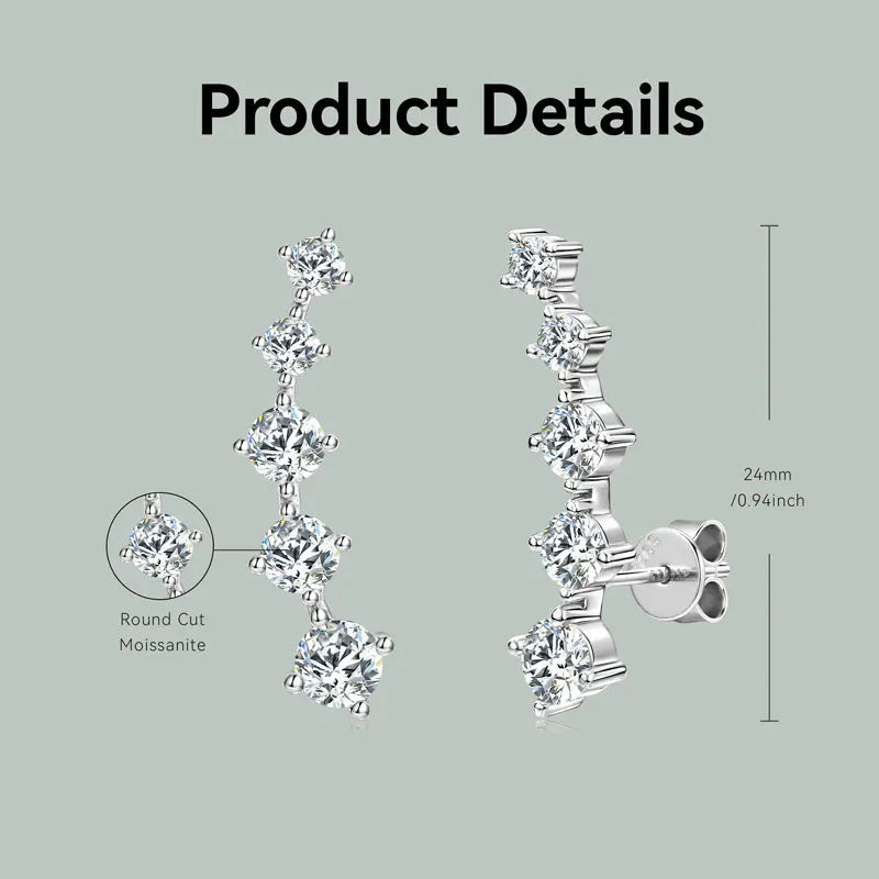 Anziw 4.5mm&4mm&3mm All Moissanite Earrings Climber for Women Men 925 Silver Stud-losil