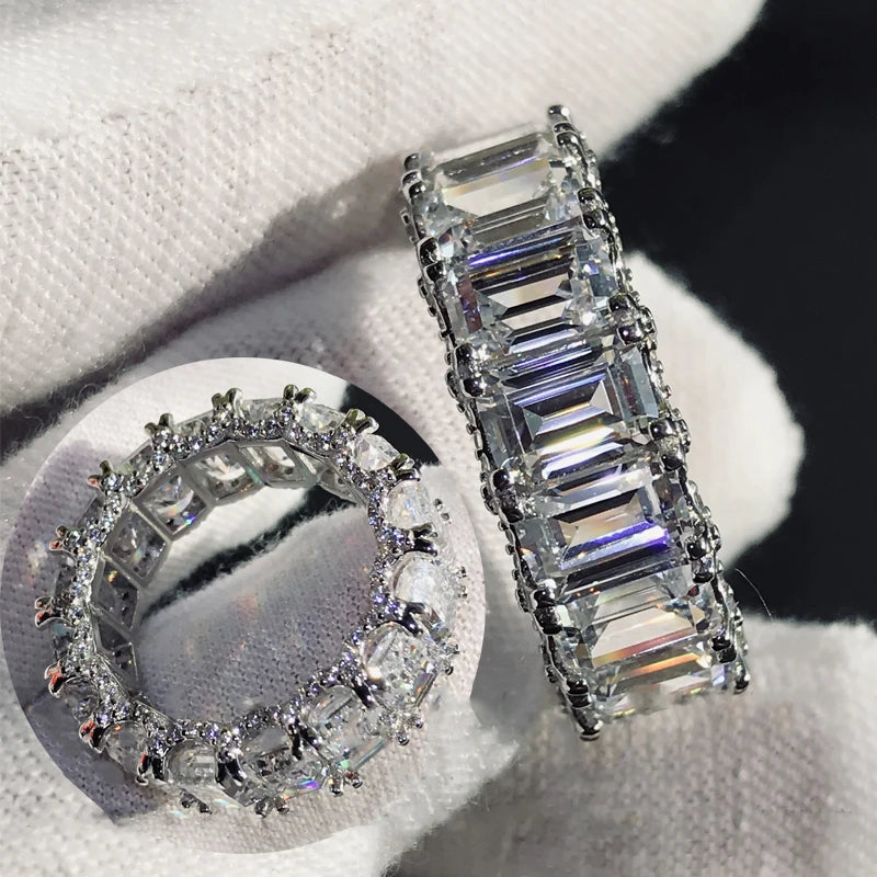 100% Real Silver 925 Full Eternity Ring for Women Simulated Diamond Engagement-losil