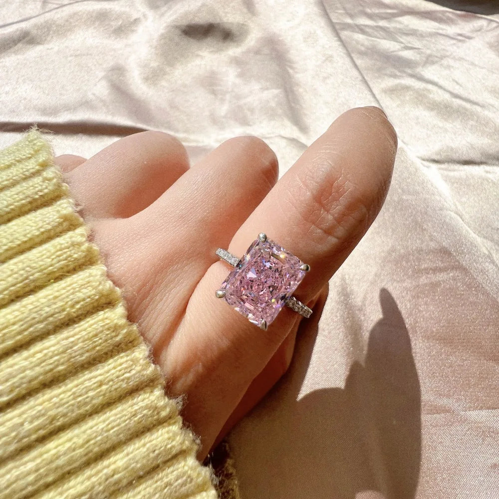 OEVAS 8*10mm Yellow Pink High Carbon Diamond Rings 100% 925 Sterling Silver-losil