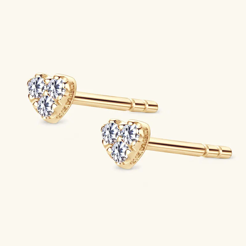 Solid 10K Yellow Gold Moissanite Earrings for Women Super Mini Heart Studs-losil