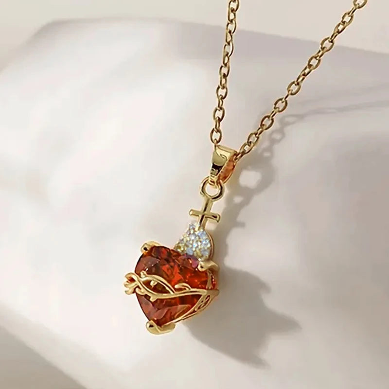 Huitan Orange Red/Green/Blue Heart Cubic Zirconia Pendant Necklace for Women Luxury Trendy-losil