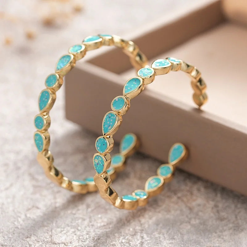 Huitan Boho Pear Blue Enamel Hoop Earrings for Women Gold Plated Fancy-losil
