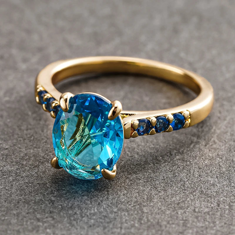 Huitan Bright Oval Sky Blue Cubic Zirconia Rings for Women Gold Color-losil
