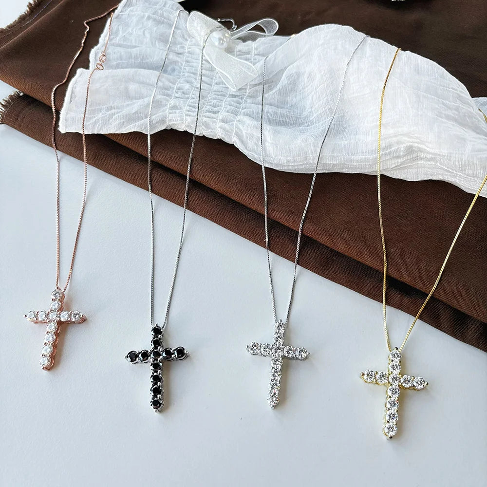 OEVAS 2.5MM 3MM 4MM 5MM Real Moissanite 45CM Sparkling Cross Necklaces For-losil