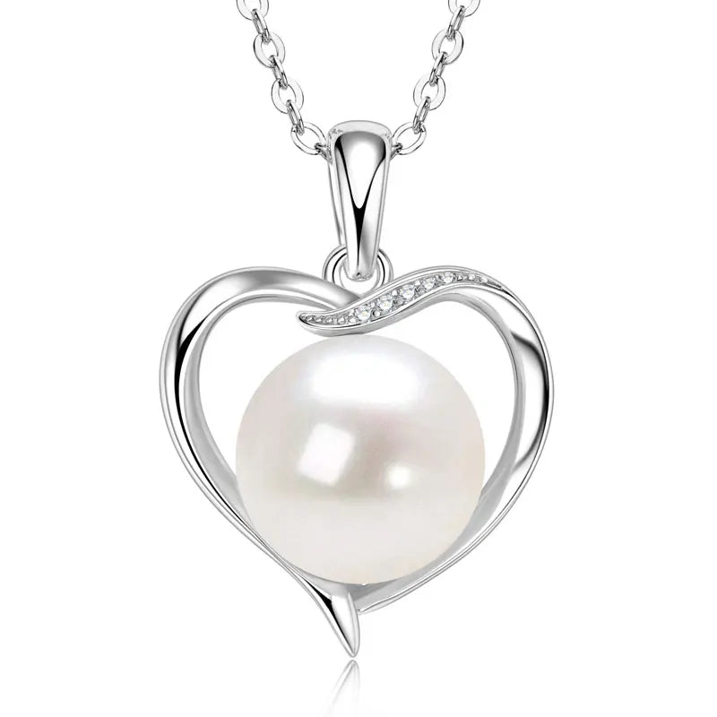 Anziw 925 Sterling Silver 11-12mm Natural Freshwater Pearl Heart Pendant Necklace for-losil