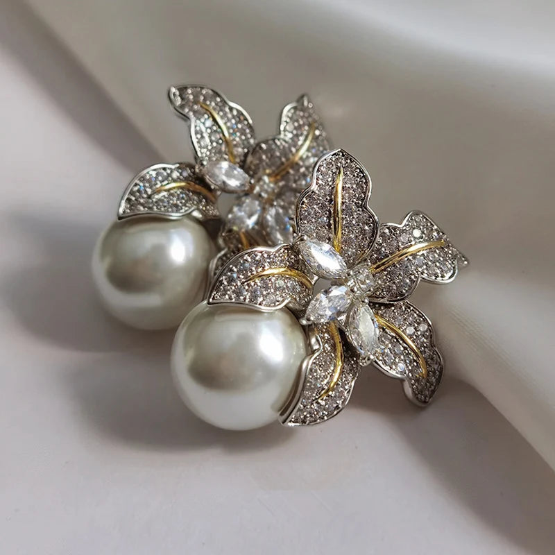 Huitan Hot Two Tone Flower Simulated Pearl Earrings for Women Aesthetic Lady's-losil