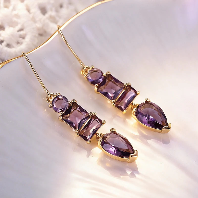 Huitan Charming Geometric Purple Cubic Zirconia Dangle Earrings for Women Exquisite Female-losil
