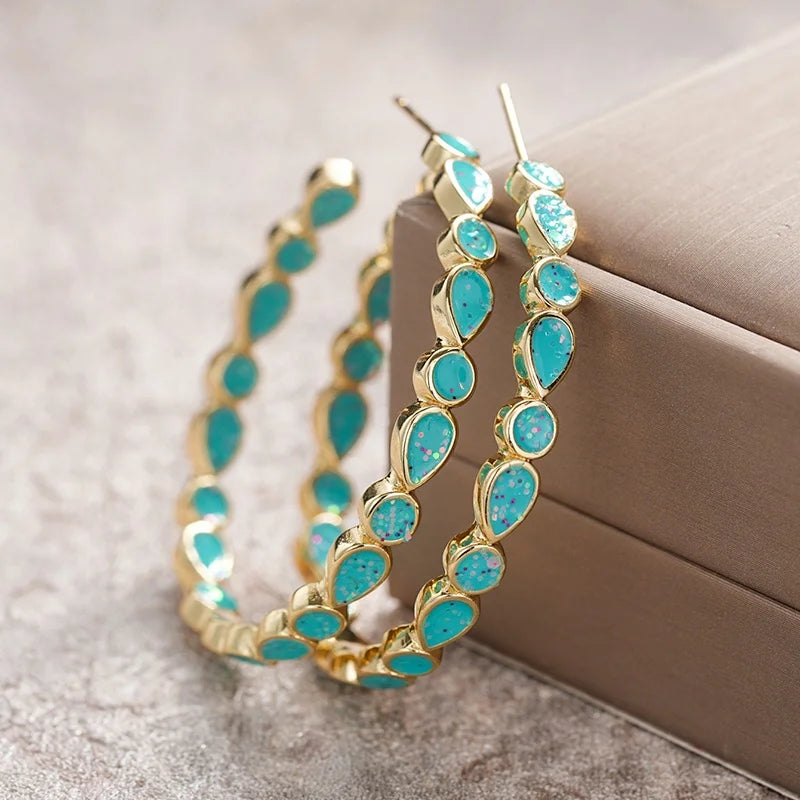 Huitan Boho Pear Blue Enamel Hoop Earrings for Women Gold Plated Fancy-losil