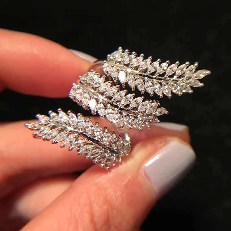 Huitan Bling Bling Female Rings Full with Marquise Cubic Zirconia Leaf Shaped-losil
