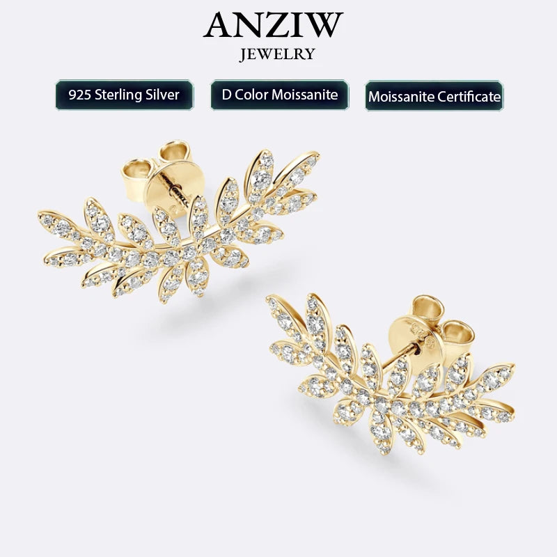 Leaf-Shaped Stud Earrings Climber 925 Sterling Silver D Color Moissanite Earrings for-losil