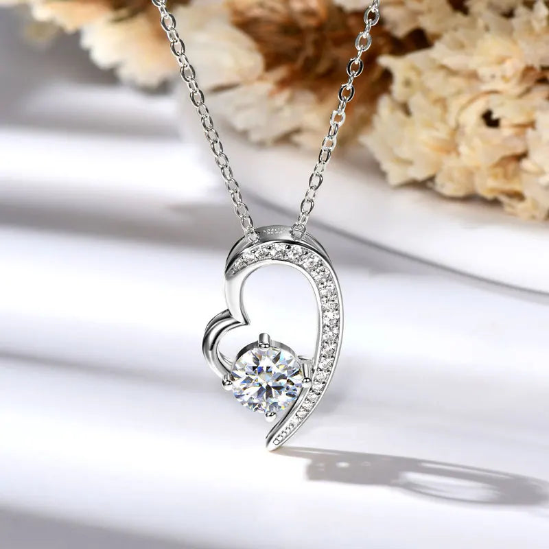 Anziw Real 925 Silver Heart Pendant Necklace Moissanite 1CT 6.5mm S925 Chain-losil