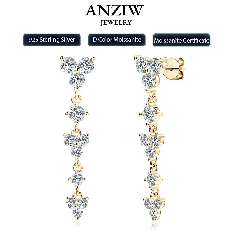 Real 925 Silver 4mm D Color Moissanite Long Drop Earrings Piercing Studs-losil