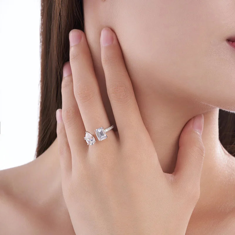 OEVAS D Color 2-Stone Full Moissanite Rings 100% S925 Silver Open Ring-losil