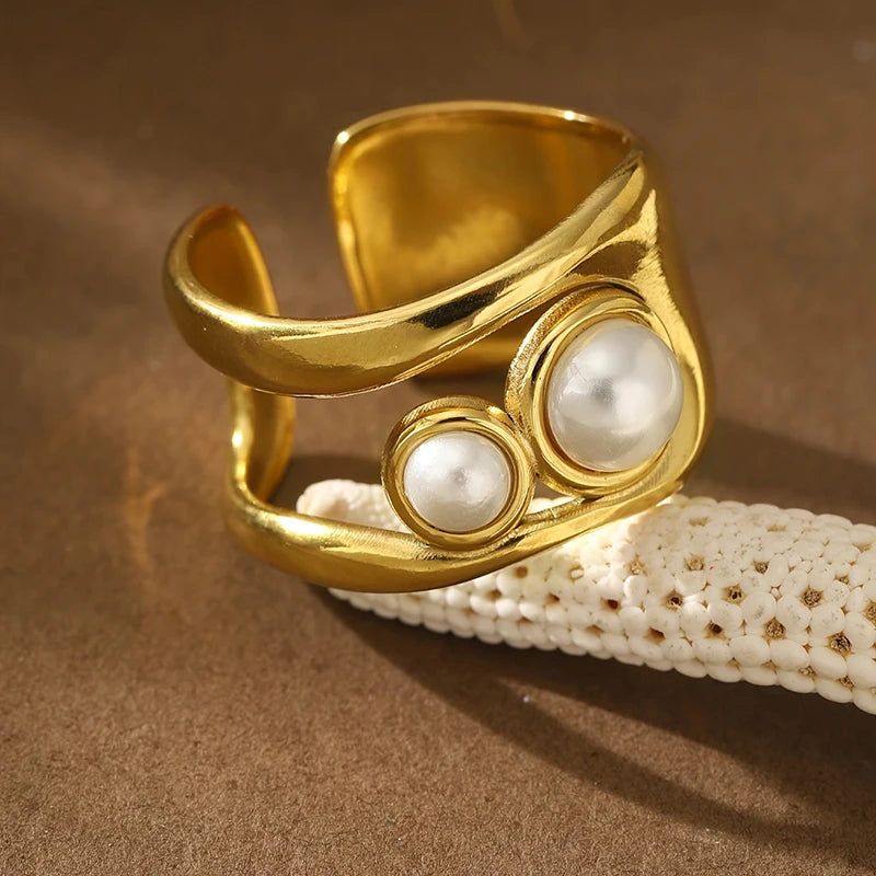 Huitan Trendy Metal Gold Color Double Layer Imitation Pearl Rings for Women-losil