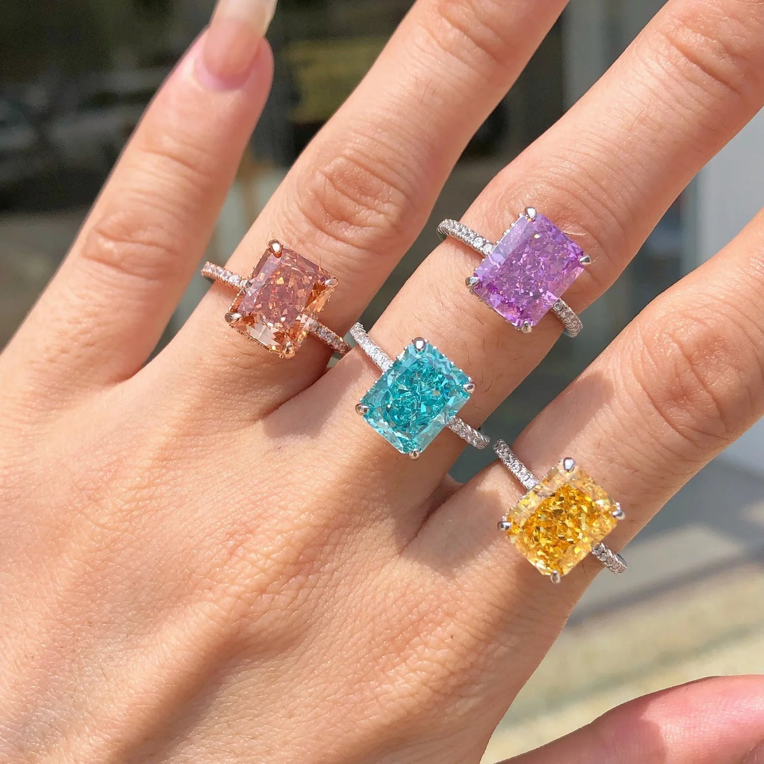 OEVAS 8*10mm Yellow Pink High Carbon Diamond Rings 100% 925 Sterling Silver-losil