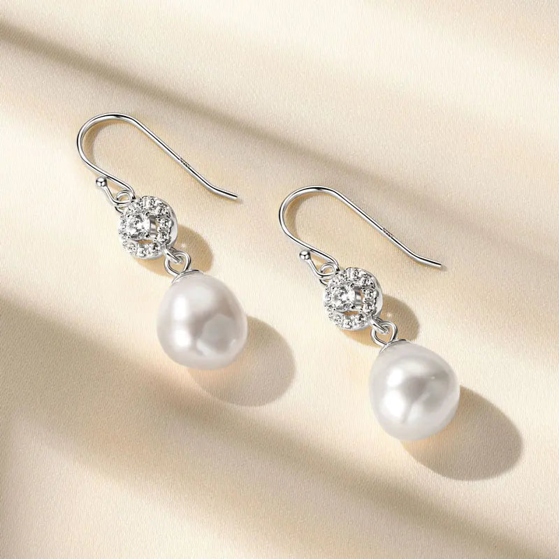 Anziw 100% 925 Sterling Silver Freshwater Pearl Drop Hook Hoop Earrings for-losil
