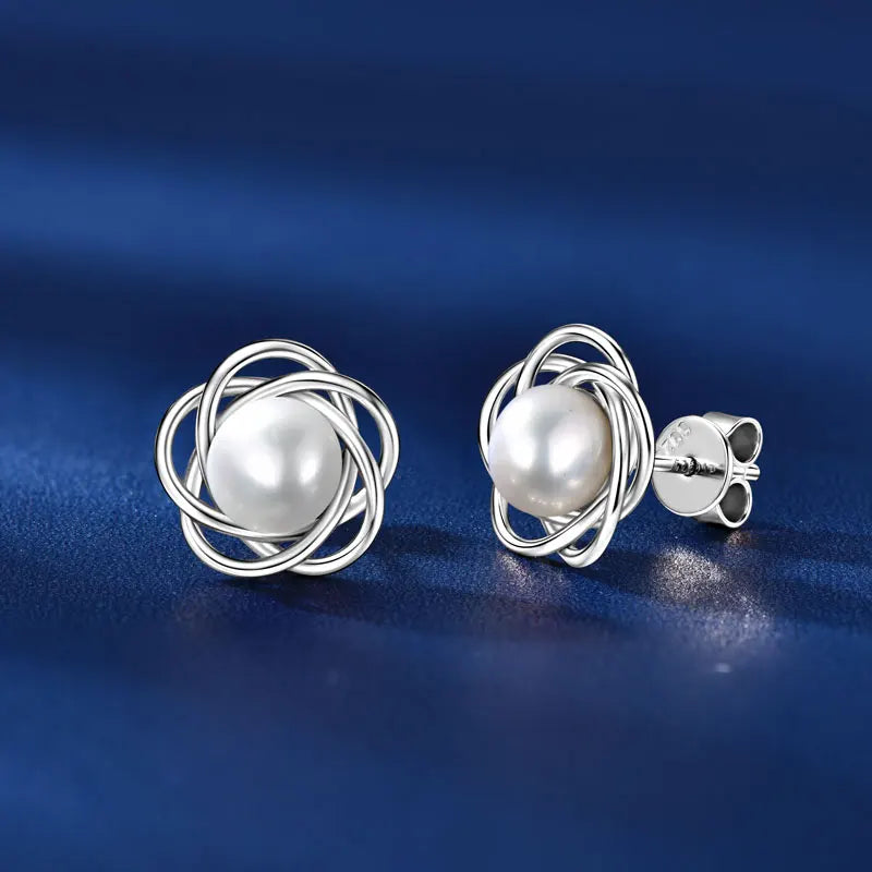 Anziw 100% 925 Sterling Silver 6.5-7mm Natural Freshwater Pearl Flower Stud Earrings-losil