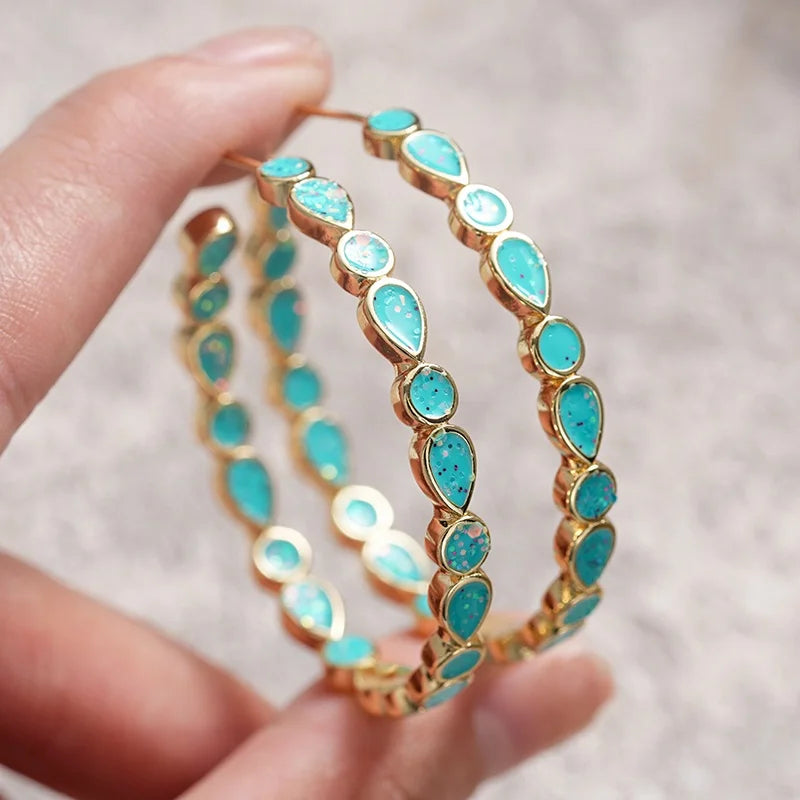 Huitan Boho Pear Blue Enamel Hoop Earrings for Women Gold Plated Fancy-losil