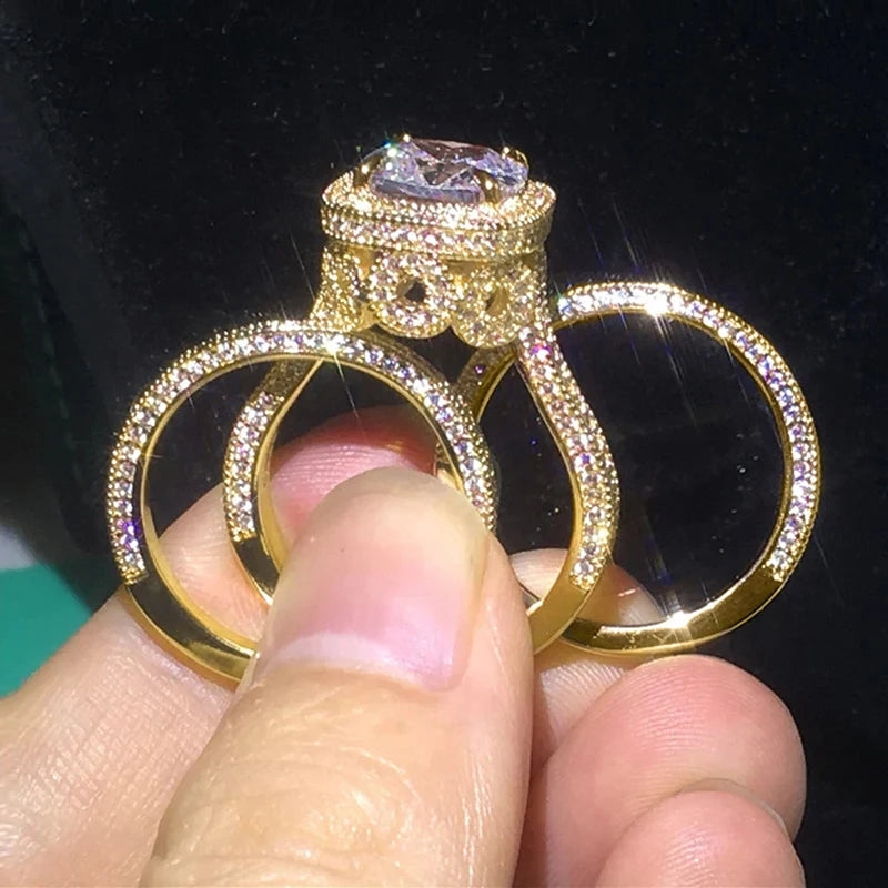 Huitan 3Pcs Set Wedding Rings for Women Full Sparking Cubic Zirconia Luxury-losil