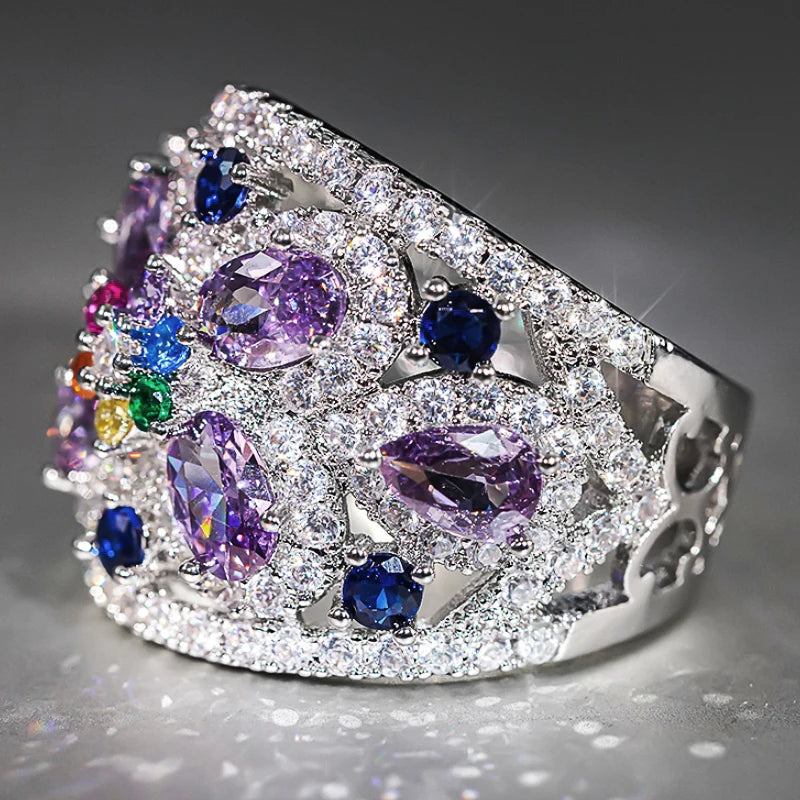 Huitan Colorful Cubic Zirconia Finger Ring Female Luxury Anniversary Accessories Exquisite Engagement-losil