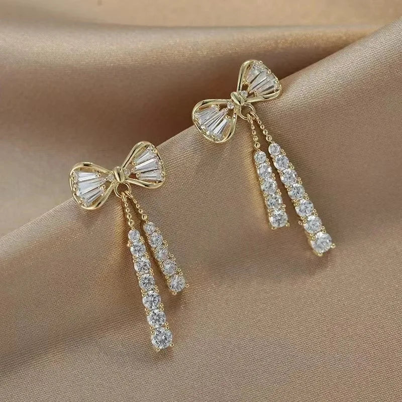 Anziw Korean D Color Moissanite Drop Earrings Original Silver 925 Bow Tassel-losil